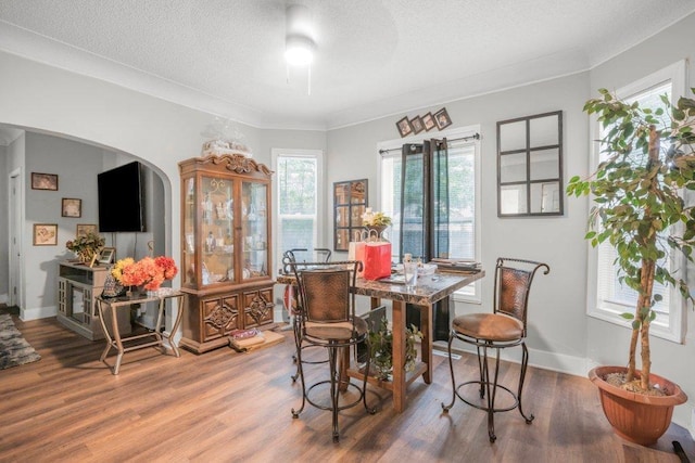4111 Bryant Ave N, Minneapolis, MN 55412 - dining area with arched walkways, wood finished floors, and a textured ceiling