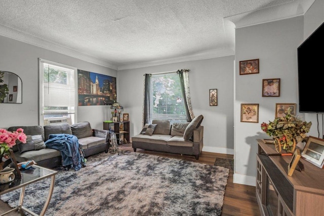 4111 Bryant Ave N, Minneapolis, MN 55412 - living area featuring ornamental molding, dark wood-style floors, and a textured ceiling