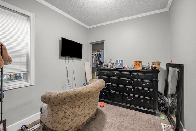 4111 Bryant Ave N, Minneapolis, MN 55412 - living area featuring ornamental molding, a textured ceiling, carpet, and plenty of natural light