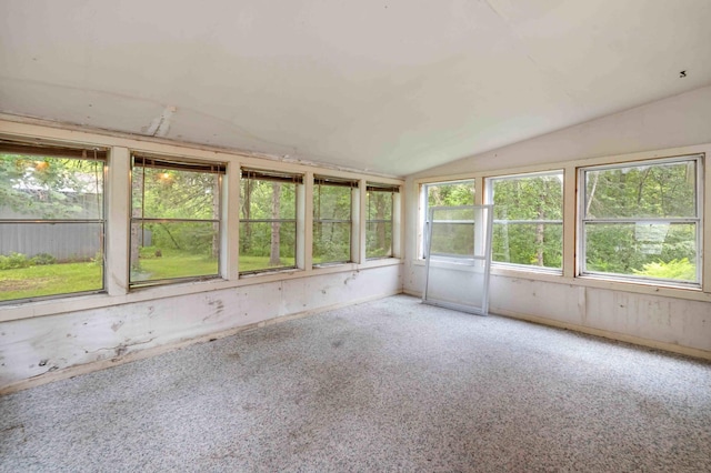13425 Pillager Dam Rd SW, Sylvan Twp, MN 56473 - unfurnished sunroom featuring vaulted ceiling and carpet flooring