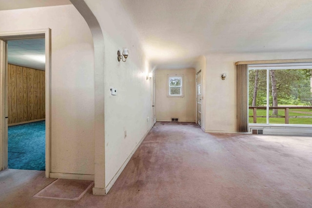 13425 Pillager Dam Rd SW, Sylvan Twp, MN 56473 - empty room with carpet floors, arched walkways, and wooden walls