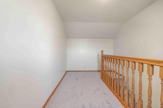 51800 500th St, Menahga, MN 56464 - hall featuring carpet flooring, vaulted ceiling, and an upstairs landing