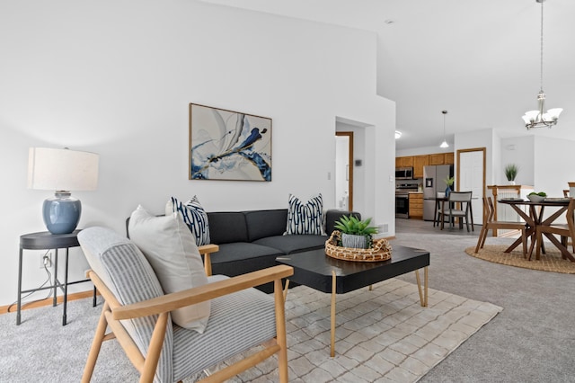 8811 Coffman Path, Inver Grove Heights, MN 55076 - living area with light colored carpet, a chandelier, and lofted ceiling