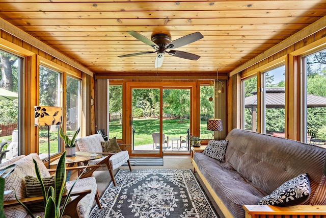 10315 Boundary Creek Ter, Maple Grove, MN 55369 - sunroom featuring ceiling fan, outdoor lounge area, wooden walls, and wooden ceiling