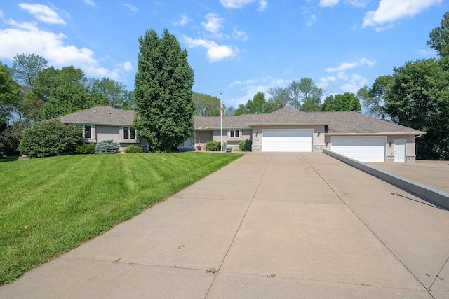 8045 County Road 116, Corcoran, MN 55340 - ranch-style house featuring stone siding, concrete driveway, a front lawn, and a garage