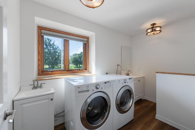 8045 County Road 116, Corcoran, MN 55340 - laundry room featuring washing machine and clothes dryer, cabinet space, and dark wood-style flooring
