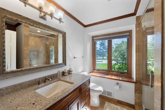 8045 County Road 116, Corcoran, MN 55340 - bathroom with vanity, a shower stall, ornamental molding, and tile patterned flooring
