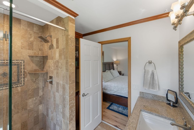 8045 County Road 116, Corcoran, MN 55340 - full bathroom featuring ensuite bath, a stall shower, ornamental molding, and vanity