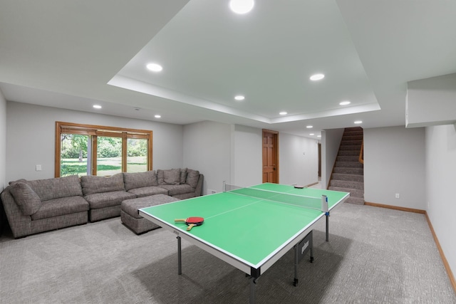 8045 County Road 116, Corcoran, MN 55340 - rec room featuring recessed lighting, light colored carpet, and a raised ceiling