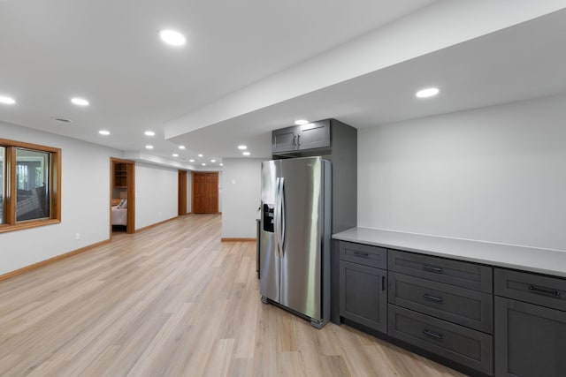 8045 County Road 116, Corcoran, MN 55340 - kitchen with stainless steel refrigerator with ice dispenser, light wood-style flooring, recessed lighting, and gray cabinetry