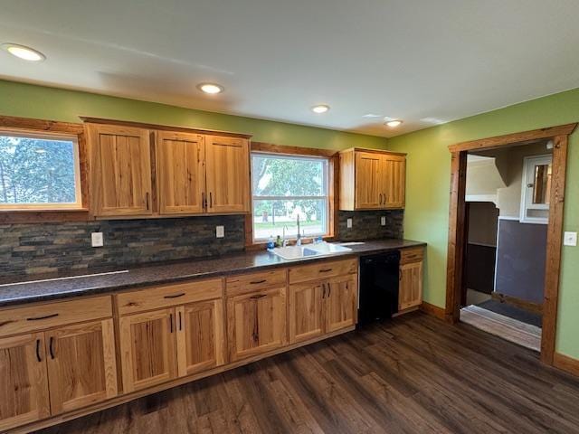 31845 615th Ave, Compton Twp, MN 56482 - kitchen featuring dark wood-style flooring, backsplash, dishwasher, dark countertops, and recessed lighting