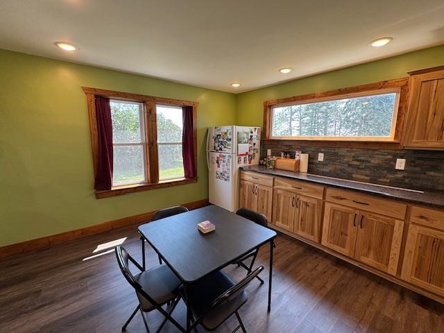 31845 615th Ave, Compton Twp, MN 56482 - kitchen featuring freestanding refrigerator, backsplash, dark countertops, dark wood-type flooring, and recessed lighting