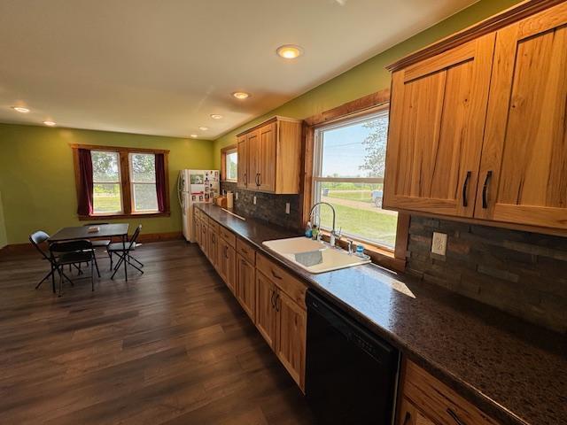 31845 615th Ave, Compton Twp, MN 56482 - kitchen featuring dishwasher, tasteful backsplash, dark wood finished floors, recessed lighting, and dark countertops