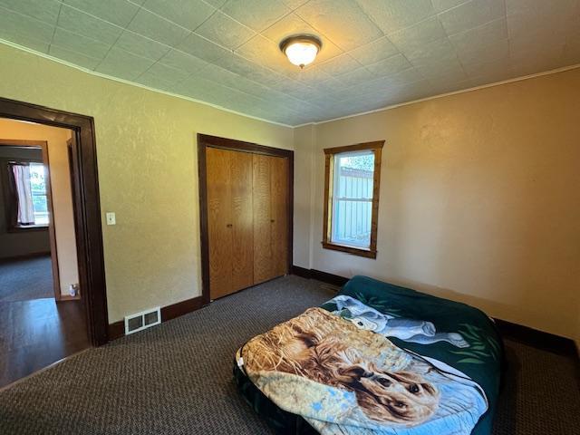 31845 615th Ave, Compton Twp, MN 56482 - bedroom featuring dark carpet, a closet, and ornamental molding