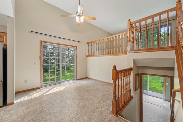 24864 Kettle River Blvd, Wyoming, MN 55025 - staircase with high vaulted ceiling, healthy amount of natural light, and a ceiling fan