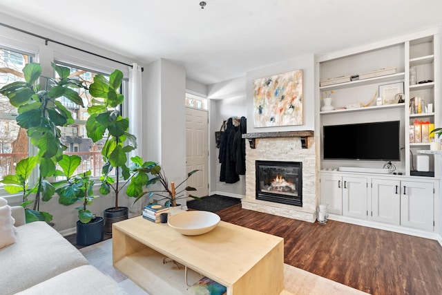 660 2nd St Unit 104, Minneapolis, MN 55401 - living room featuring healthy amount of natural light, dark wood finished floors, and a stone fireplace