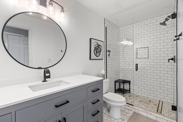 660 2nd St Unit 104, Minneapolis, MN 55401 - full bathroom with vanity, a shower stall, a textured ceiling, and tile patterned floors