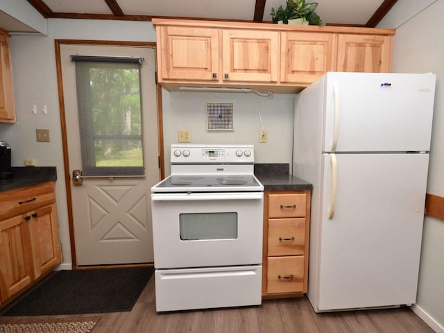 26315 Icon Dr Unit 103, Park Rapids, MN 56470 - kitchen featuring white appliances, light wood-style floors, and dark countertops