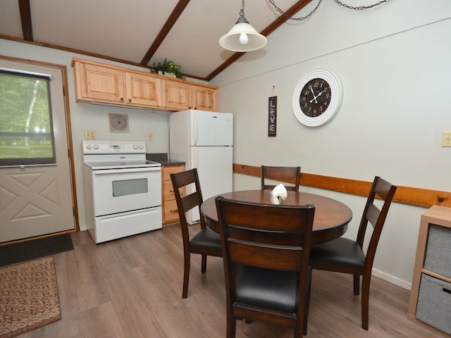 26315 Icon Dr Unit 103, Park Rapids, MN 56470 - kitchen featuring white appliances, vaulted ceiling, light brown cabinets, and wood finished floors