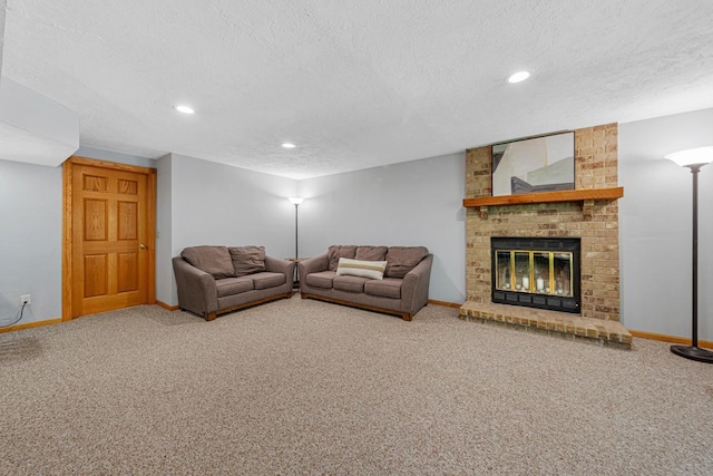 14349 Natchez Ave, Savage, MN 55378 - carpeted living area featuring a textured ceiling, recessed lighting, and a brick fireplace