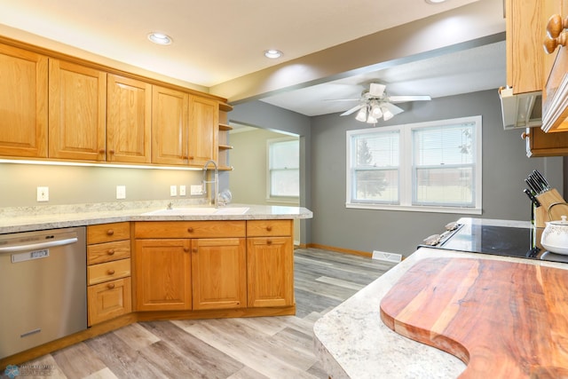 921 16th St S, Fargo, ND 58103 - kitchen featuring dishwasher, light wood-type flooring, a ceiling fan, open shelves, and recessed lighting