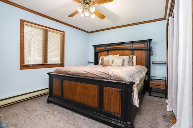 921 16th St S, Fargo, ND 58103 - carpeted bedroom with crown molding, a baseboard radiator, and a ceiling fan