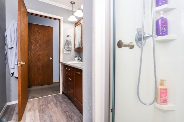 921 16th St S, Fargo, ND 58103 - bathroom with wood finished floors, vanity, a shower, and crown molding