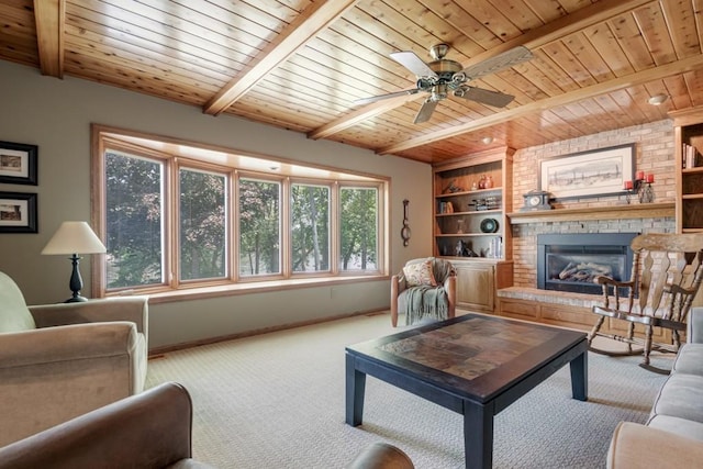 251 Revere Ln N, Champlin, MN 55316 - carpeted living room with a wood ceiling with exposed beams, a fireplace, a ceiling fan, and built in features