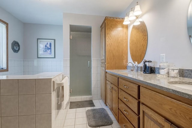 251 Revere Ln N, Champlin, MN 55316 - full bathroom featuring tile patterned floors, double vanity, and a stall shower