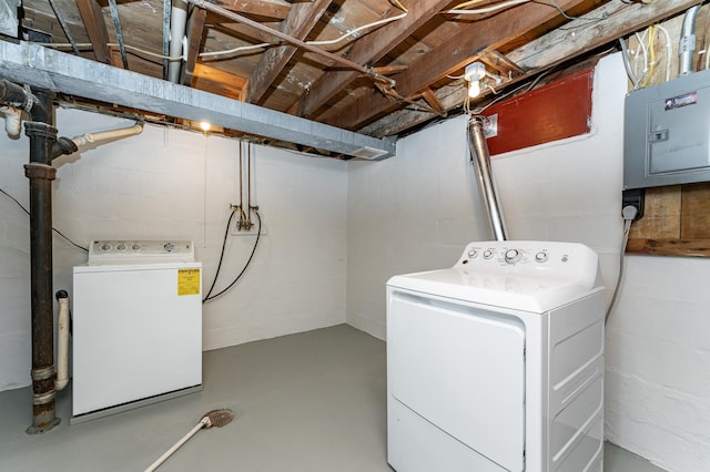 213 11th St SE, Rochester, MN 55904 - laundry area featuring washer hookup, electric panel, electric dryer hookup, and concrete block wall