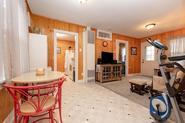 600 1st Ave, Osakis, MN 56360 - exercise room with wood walls, tile patterned floors, and a heating unit