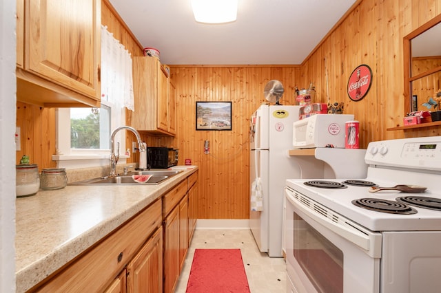 600 1st Ave, Osakis, MN 56360 - kitchen with white appliances, wooden walls, light countertops, and light floors