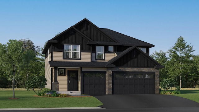 11635 72nd St NE, Otsego, MN 55301 - craftsman house featuring board and batten siding, asphalt driveway, stone siding, a front yard, and roof with shingles
