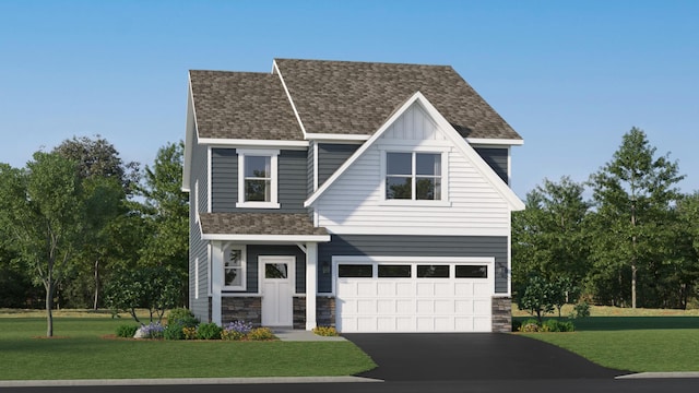 11586 72nd St NE, Otsego, MN 55301 - view of front of property with a shingled roof, driveway, an attached garage, stone siding, and a front yard