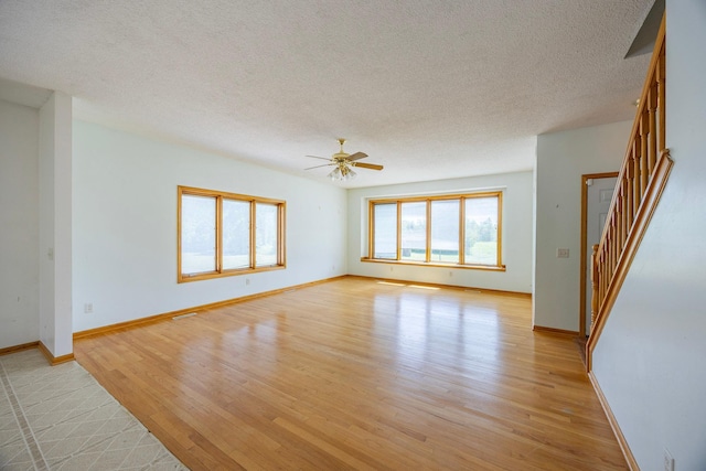 23865 County Rd, Loretto, MN 55357 - empty room with light wood-style floors, a ceiling fan, a textured ceiling, and stairway