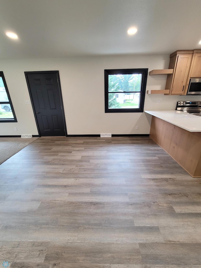 327 Mickey Mouse Ave, Horace, ND 58047 - kitchen featuring plenty of natural light, open shelves, stainless steel appliances, recessed lighting, and wood finished floors