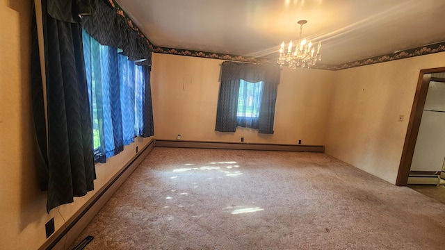 211 2nd St, Hatfield, MN 56164 - carpeted spare room featuring a baseboard heating unit, a chandelier, and baseboard heating