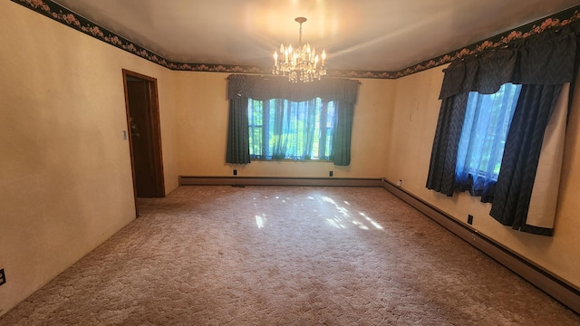 211 2nd St, Hatfield, MN 56164 - carpeted empty room with baseboard heating, a chandelier, and a baseboard heating unit