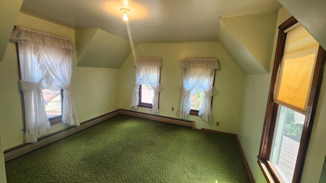 211 2nd St, Hatfield, MN 56164 - additional living space with a baseboard radiator, carpet floors, and vaulted ceiling