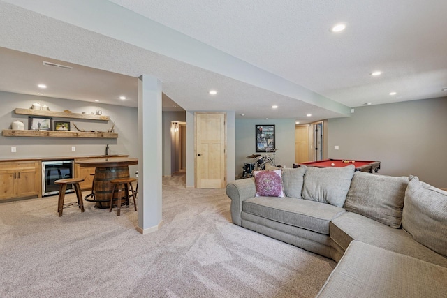13836 Clare Downs Way, Rosemount, MN 55068 - living room featuring bar, light colored carpet, recessed lighting, billiards, and beverage cooler