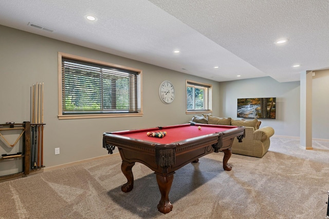 13836 Clare Downs Way, Rosemount, MN 55068 - game room with carpet floors, a textured ceiling, pool table, and recessed lighting