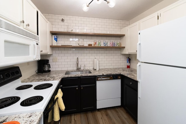 66 9th St E Unit 2315, Saint Paul, MN 55101 - kitchen featuring white appliances, white cabinetry, tasteful backsplash, and dark wood-style floors