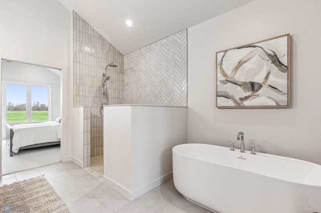 bathroom with tile patterned floors, lofted ceiling, and plus walk in shower