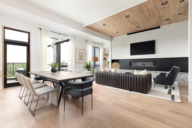 dining area with light hardwood / wood-style flooring and wood ceiling