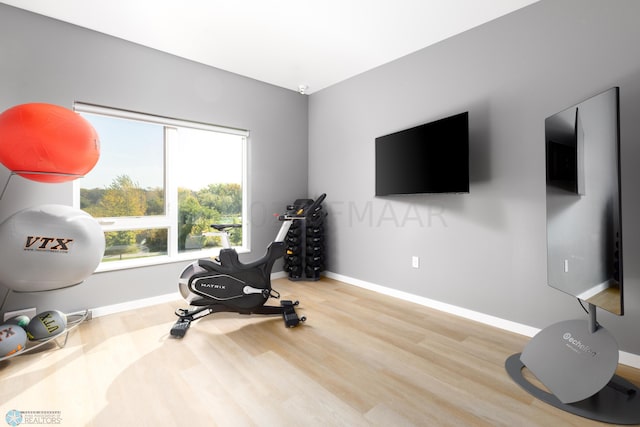 workout area with hardwood / wood-style floors