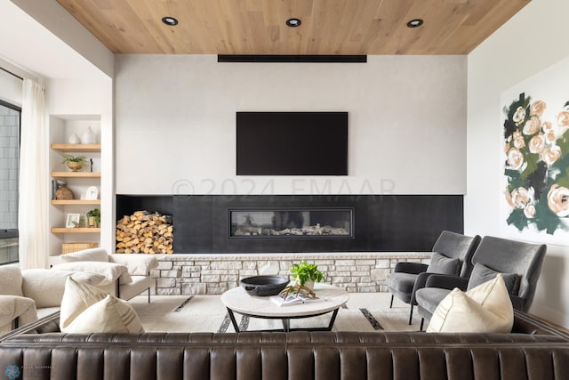 living room featuring a brick fireplace, built in features, and wooden ceiling