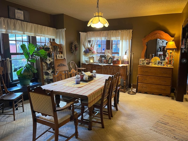 dining room featuring carpet flooring and a textured ceiling