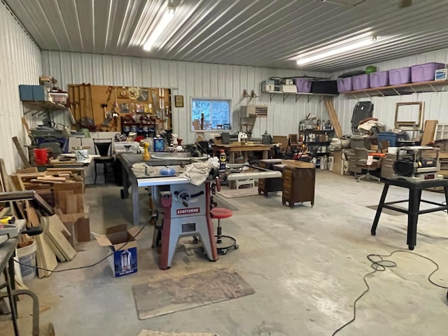 garage with a workshop area