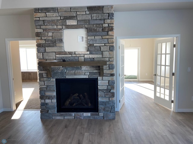 interior details with a stone fireplace and wood-type flooring