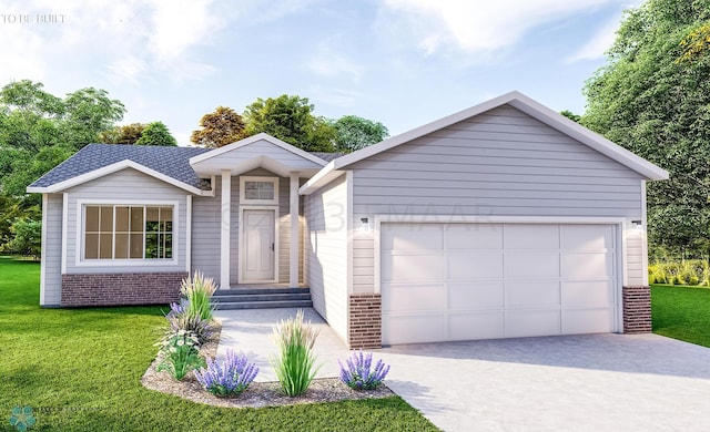 ranch-style house with a garage and a front lawn